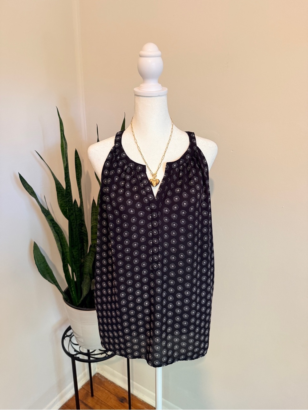 LOFT Black White Printed Halter Shell Top Womens Small V-Neck Cami Tank